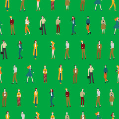 Poster - Cartoon Characters Men and Women Holding Smartphones Seamless Pattern Background. Vector