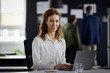 © Westend61 - Portrait of smiling businesswoman using laptop at desk in office with colleagues in background