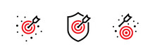 Set Of The On Goal, Off The Aim And Hit Shield Targets Icons. Editable Line Vector.