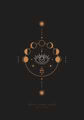 Poster - Mystical composition with the eye, phases of the moon on a dark background. Boho style and esoterics. Ethnic magic and astrological symbols. Vector illustration.