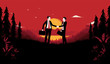 Shady deal in a secret place. Two businessmen shaking hands with briefcases alone in forest a late evening. Blood red sky and sunset in background. Corrupt business concept. Vector illustration.