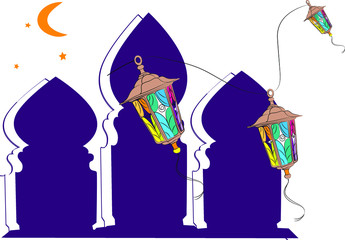 Wall Mural - Banner on religious muslim theme ramadan, lanterns and silhouettes of mosques hand-drawn in bright colors