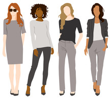 Flat Digital Illustration Vector People Adults Fashion Business People Office Attire - 4 businesswomen - simple faceless flat vector illustration