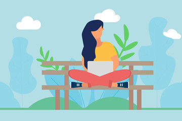 Girl on a bench in the park working on a laptop in spring day. A woman sitting with crossed legs on the bench. Working outdoor concept. Flat design vector illustration