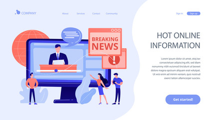 Wall Mural - Press, mass media, broadcasting studio. Journalists, reporters characters. Hot online information, breaking news, headline news content concept. Website homepage landing web page template.