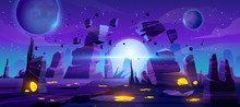Space Game Background, Night Alien Fantasy Landscape With Flying Rocks, Planets In Dark Starry Sky. Extraterrestrial Glowing Liquid Plasma Spots In Cracked Land Surface, Cartoon Vector Illustration
