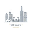 City Chicago, state of Illinois. Line icon of famous and largest city of USA. Outline icon for web, mobile and infographics. Landmarks and famous building. Vector illustration, white isolated. 