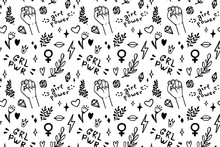 Vector Seamless Pattern With Hand Drawn Elements On Feminism Theme: Raised Fist, Slogans, Symbol, Crown, Lips, Hearts, Branches, Diamonds, Sparks.