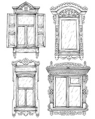 Collection of hand drawn vintage windows. Vector illustration