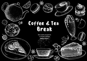 Wall Mural - Breakfast hand drawn illustration. Coffee shop menu design. Food sketch. Coffee, tea and desserts. Cafe menu elements.