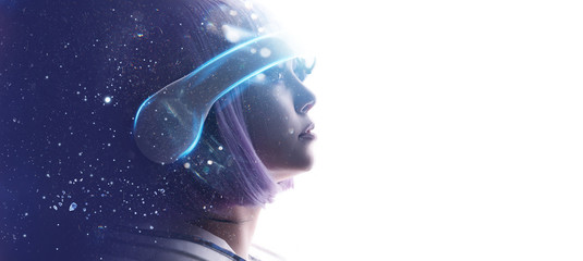 Beautiful woman with purple hair over white background. Girl in glasses of virtual reality. Augmented reality, game, future technology, AI concept. VR. Blue neon light. Double exposure portrait.