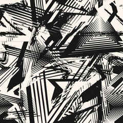 Wall Mural - Abstract black and white grunge seamless pattern. Urban art texture with chaotic shapes, lines, triangles, brush strokes. Monochrome graffiti style vector background. Repeat design for tileable print