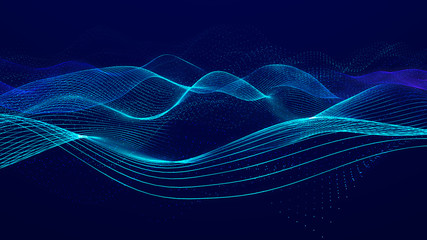 Fototapete - Futuristic wave on dark background. Colored pattern of connection lines. Technology or science. Pattern for background, wallpaper, presentation, design. 3D
