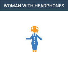 two colored Woman with Headphones and Microphone concept vector icon. 2 color Woman with Headphones and Microphone vector illustration. isolated blue and orange eps icon on white background.