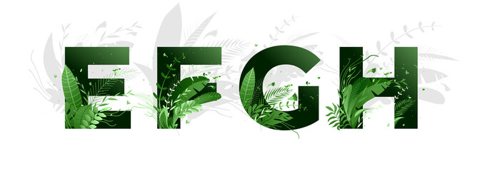 vector illustration. flower font alphabet e,f,g,h. green letters and elements of nature, branches le