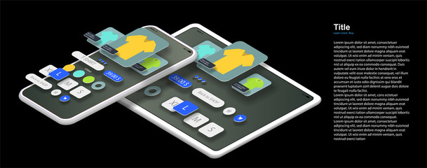  Interface of a mobile app for selling clothing on the screen of a smartphone and digital tablet in isometrics