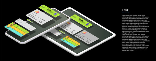  Interface of the banking mobile app on the screen of a smartphone and digital tablet in isometrics
