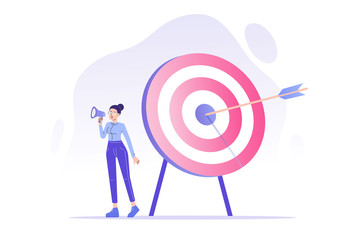 Target marketing concept. PR manager woman attracting customers with a megaphone. Successful business or consumer targeting. Focus group. Goal achievement. Online advertising. Vector illustration