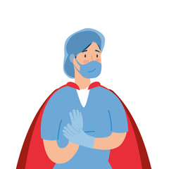 Sticker - super female paramedic with face mask and hero cloak vector illustration design