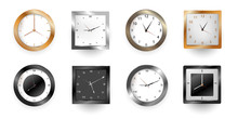 Realistic Clock. Square And Round Metal And Plastic Office Clocks. Vector Wall Watches With Hour And Minute Arrows For Business Office On White Background.