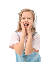 Sticker - Cute little girl listening to music on white background