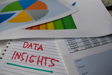 Wall Mural - Data Insights write on a book isolated on Office Desk. Stock market concept