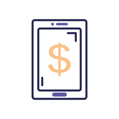 Sticker - mobile banking concept, smartphone with money symbol icon, line color style