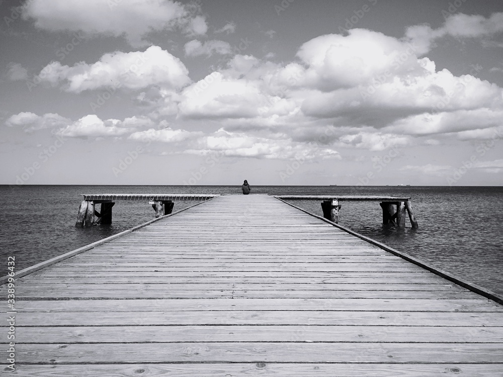 Person Sitting On Pier Over Sea Against Sky - obrazy, fototapety, plakaty 