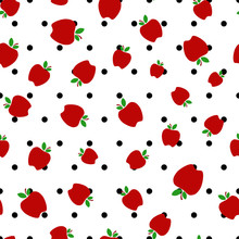 Red Apple Flat Vector Illustration  With Polka Dots Background Seamless Pattern