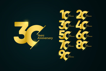 30 years anniversary set celebrations gold yellow elegant vector template design illustration