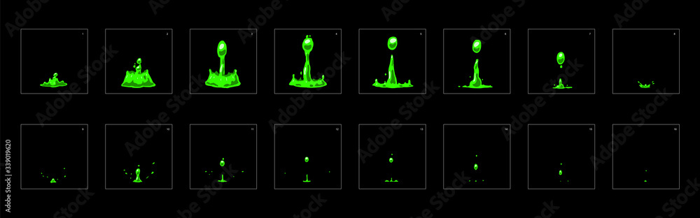 liquid splash with drops animation effect. frame by frame classic ...