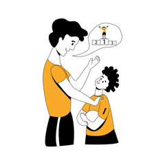 Vector flat illustration with football coach who supports player s child. Concept of partnership, support, mentoring, and teamwork. It can be used in web design, banners, etc.