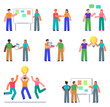 © paper_owl - Set of business people showing various actions. Group of people or team at meeting, brainstorming. Flat design vector illustration
