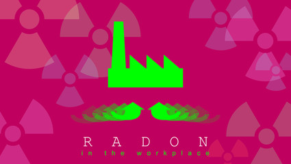 Wall Mural - Radon, a contaminant that affects indoor air quality worldwide. 3D illustration, green and burgundy red. Silhouette of a factory. Risk of possible accumulation of noble gas in the workplace.