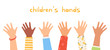 © Oqvector - Set children's hands raised up. Children of different nationalities wave their hands. Friendship and happy childhood concept