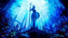 A Statue Of The Greek Goddess With A Shield And A Trident, Stands In An Underwater City Surrounded By Fish And Corals, Against The Background Of The Water Kingdom Is Painted In A Dynamic Perspective .