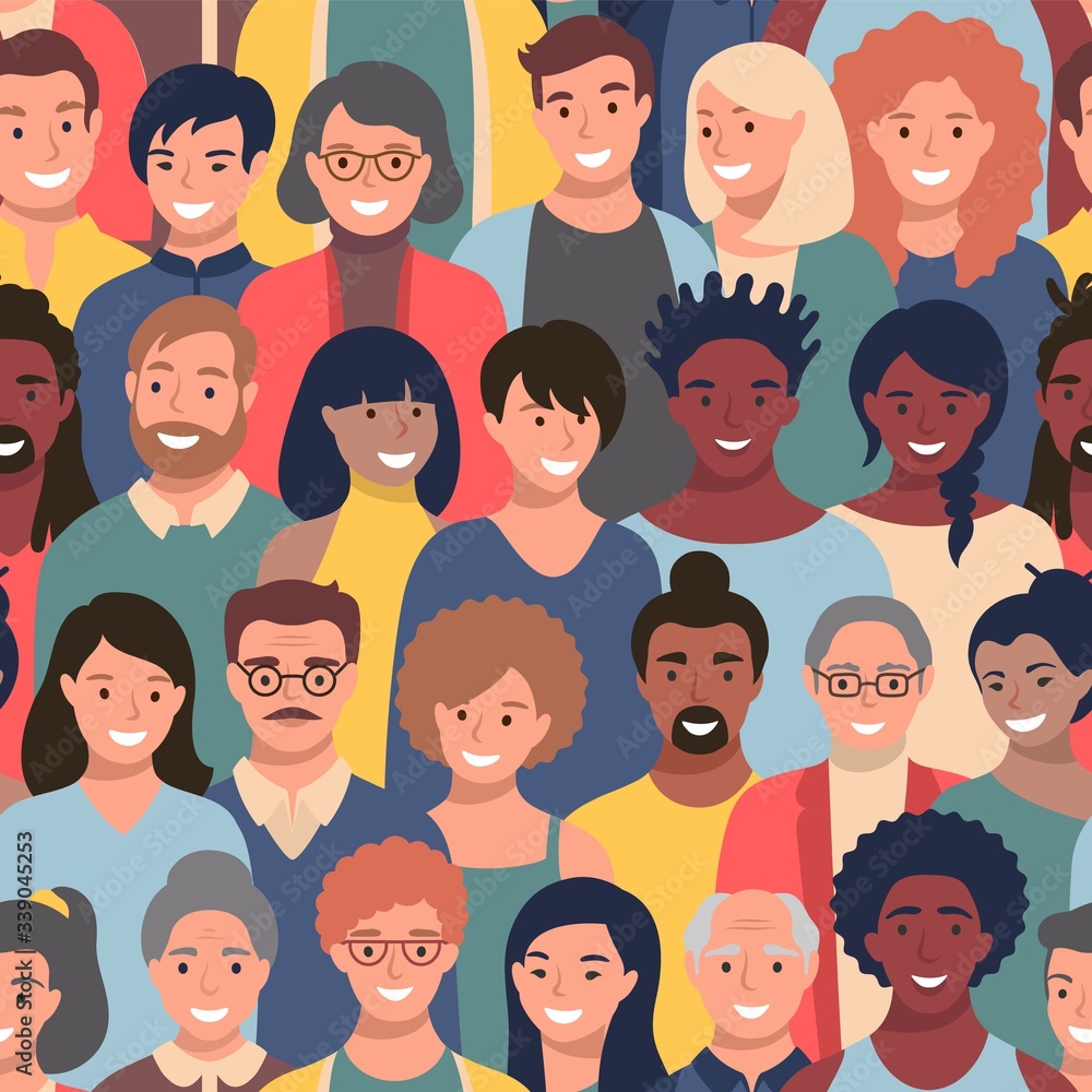 Seamless pattern with people faces of different ethnicity and ages. Parade or meeting crowd, men and women various hairstyles, young and elderly characters heads, repeating background. - obrazy, fototapety, plakaty 