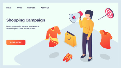Wall Mural - shopping campaign digital marketing for brand awarenessfor website landing homepage with isometric style
