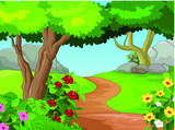 Fototapeta Desenie - Beautiful Forest View With Trees and Ivy Flowers Cartoon for your design