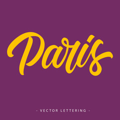 Wall Mural - Bright yellow calligraphic Paris inscription on purple background