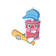 Canvas Print - Picture of strawberry bubble tea cartoon character playing baseball