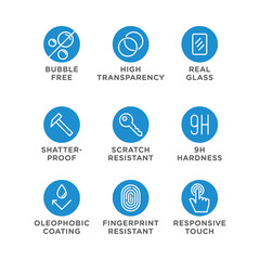 Smartphone screen protection icon set, tempered glass, screen. 