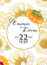 Wedding Invitation Design Template With Vector Watercolor, Suitable For Hot Foil Stamping, Elegant Golden Floral Frame