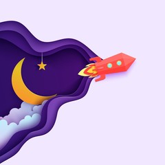 Wall Mural - Night sky and red rocket in paper cut style. Cut out 3d background with violet and blue gradient cloudy landscape with star on rope and moon papercut art. Vector card template for motivation poster.