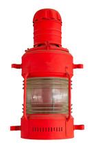 Old Ship Lantern Isolated On A White Background. Vintage Red Signal Lamp.