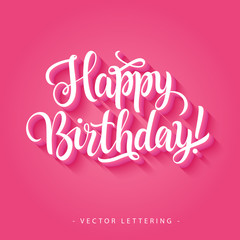 Wall Mural - White happy birthday inscription with exclamation mark isolated on bright pink background