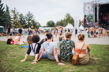 rear view of group of young friends sitting at summer festival.