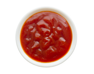 Tomato sauce ketchup in white bowl isolated on white background