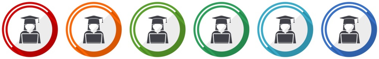 Aufkleber - Student with laptop icon set, computer, education flat design vector illustration in 6 colors options for webdesign and mobile applications