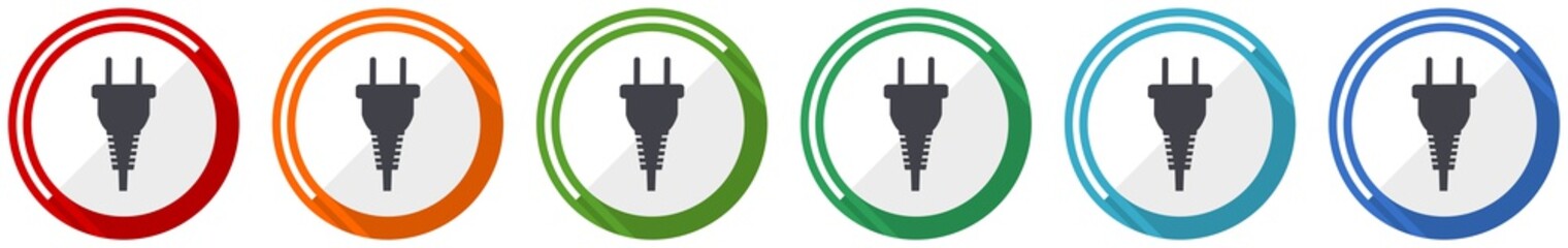 Aufkleber - Plug icon set, flat design vector illustration in 6 colors options for webdesign and mobile applications